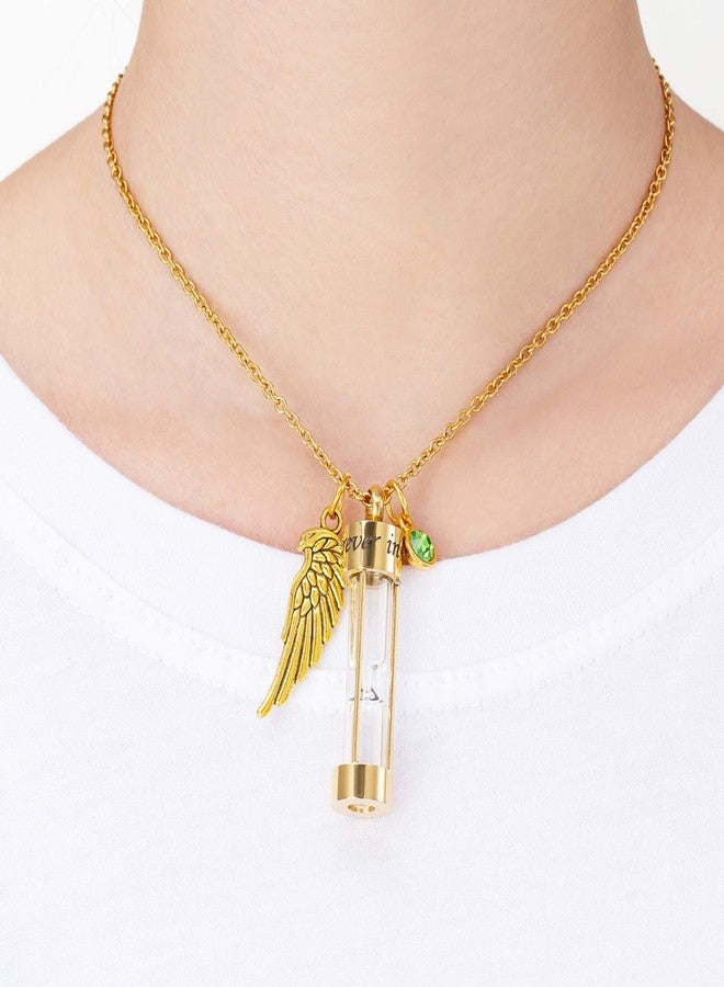 PREKIAR Cremation Urn Necklace for Ashes Time Hourglass Memory Jewelry Pendant Keepsake with Angel Wing and 12 Birthstones Forever In My Heart (Golden hourglass) - Image 4